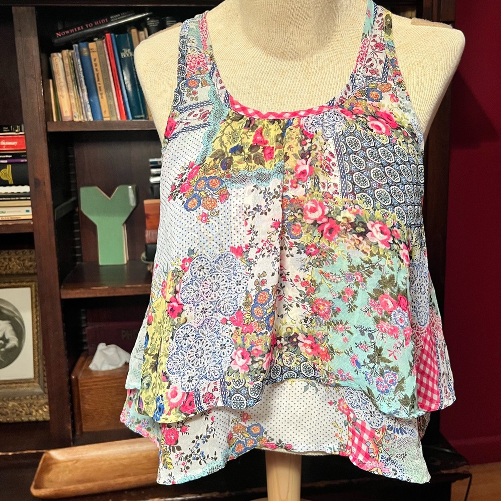 Y2K Colorful Patchwork Razor Back Tank Top Size M Made in USA Cottagecore Fairy